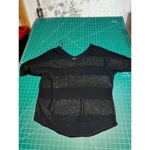 Express Womens Sequin Striped V-Neck Knit Sweater Top Black Grey